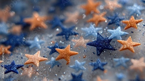 Fototapeta Close up of small star shaped sprinkles in blue and orange colors with glitter.