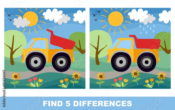 Obraz Find five differences between two pictures with dump trucks. Game for children