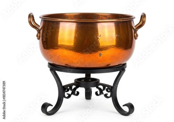 Fototapeta Shiny copper pot with decorative metal stand for culinary or decorative use