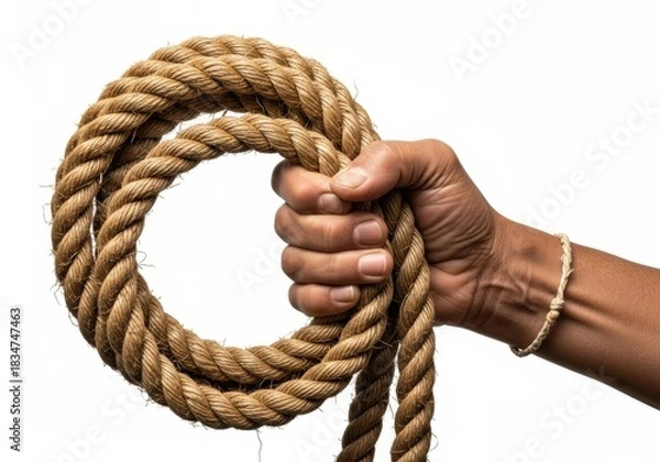 Fototapeta Hand gripping thick coiled rope showing strength and determination
