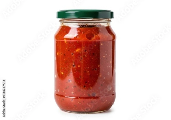 Fototapeta Delicious red tomato sauce jar with green lid isolated on