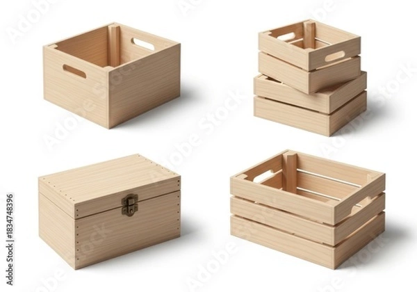 Fototapeta Four light wood crates displayed individually and stacked for storage and organization