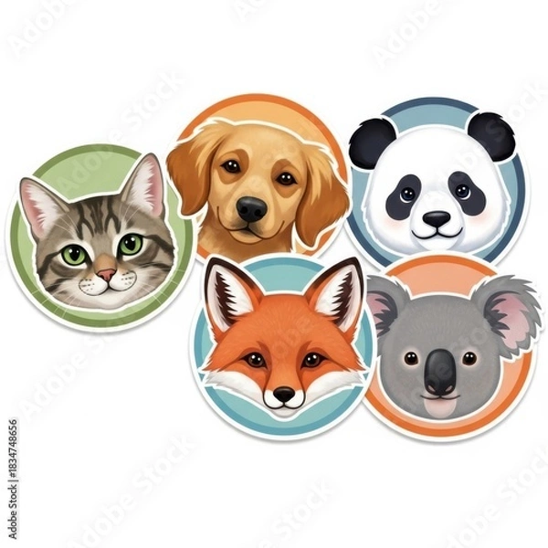 Fototapeta Cute cartoon animal portraits featuring cat dog panda fox and koala for kids