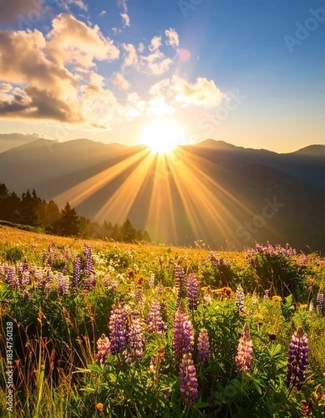 Obraz Sunny landscape, sun rays piercing through clouds over mountain