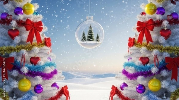 Fototapeta Decorated christmas trees frame a winter scene with a hanging ornament in a snowy landscape view