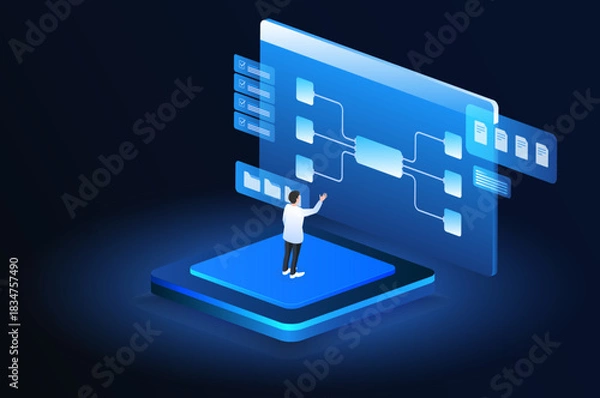 Obraz AI workflow automation artificial intelligence. ai agent isometric automation platform workflow data processing.