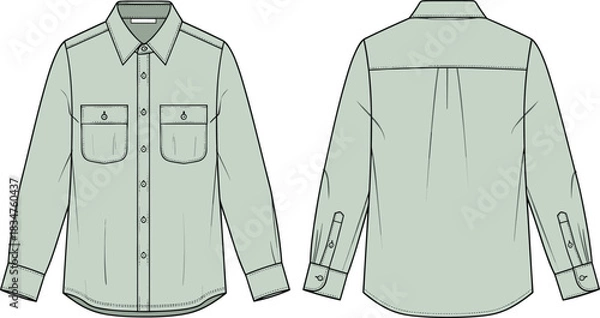 Fototapeta Men's Short Sleeve Henley T-Shirt Technical Flat Sketch Template with Button Placket, Raglan Sleeves, and Round Neckline Vector Illustration.