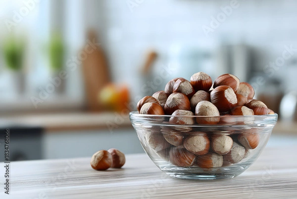 Obraz Hazelnuts in a glass bowl on a blurred background of a modern kitchen