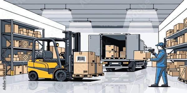 Obraz Yellow industrial forklift machine with container for heavy lift transport in a warehouse