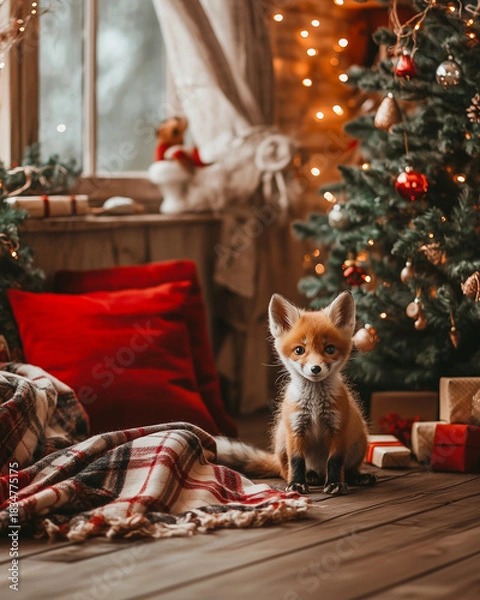 Fototapeta Baby fox sitting near a Christmas tree in a warm and cozy festive room