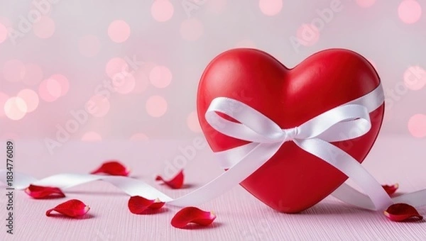 Obraz Red heart shaped gift wrapped featuring white ribbon upon soft pink surface, scattered rose petals and pastel bokeh lights within background, romantic studio setting with gentle mood