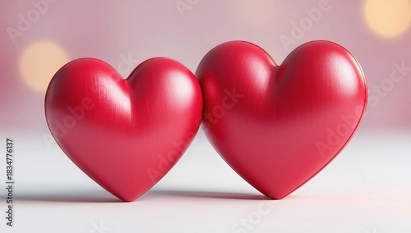 Obraz Two red hearts resting closely together upon the soft pastel background, illuminated by gentle studio lighting featuring subtle bokeh, creating a romantic and tender mood within closeup