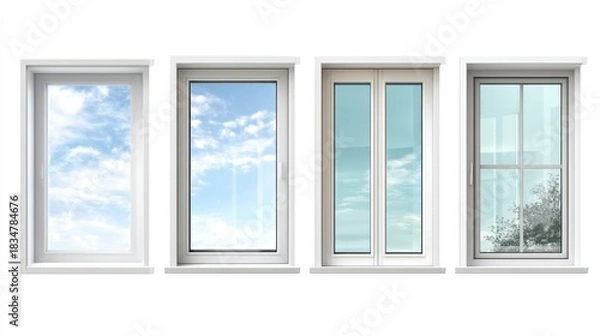 Fototapeta Four types of modern windows are displayed each offering a unique view. Different designs showcase varied aspects of indoor and outdoor light throughout the day.
