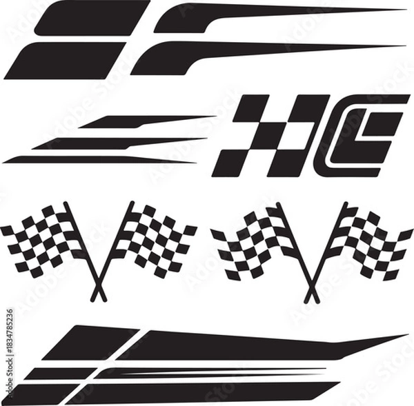 Fototapeta Dynamic Automotive Racing Stripes and Checkered Flags Vector Graphic Collection for Speed Enthusiasts