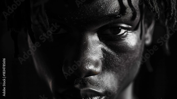 Fototapeta Dramatic half-lit close-up portrait with intense eyes and strong texture