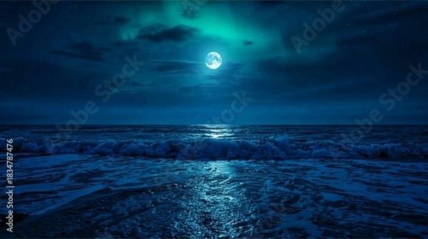 Fototapeta Ocean nights with moonlight blue vibes for background design elements