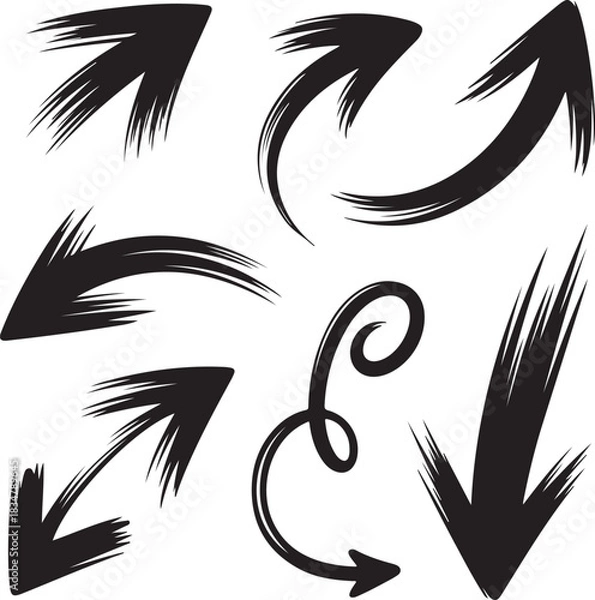 Fototapeta Hand-drawn brush stroke arrow collection. Set of dynamic sketchy pointers.