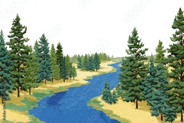 Fototapeta Illustrated Scene of River Flowing Through a Forest with Dense Pine Trees under Clear Skies