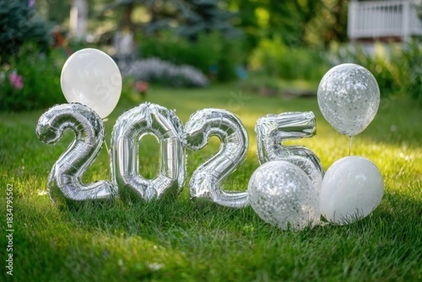 Fototapeta Metallic Silver Balloons Spelling 2025 Standing On Green Grass With Floating White Balloons In Bright Sunlight