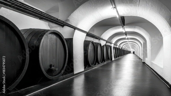 Fototapeta Monochromatic Interior Shot Of Wine Cellar Featuring Rows Of Wooden Barrels and Arched Ceiling