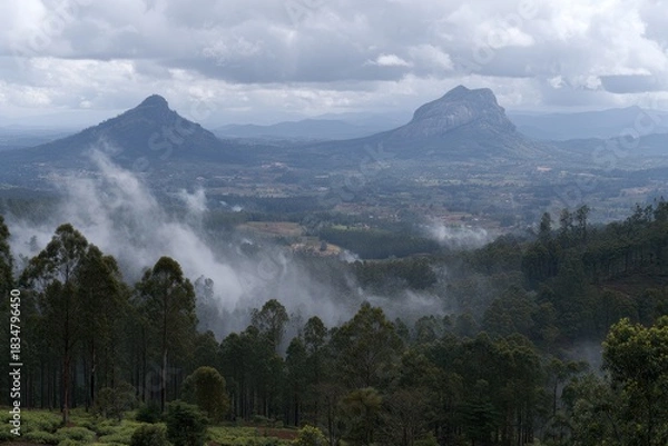 Fototapeta Panoramic View of Lush Green Landscape with Mist and Two Prominent Mountain Peaks Under Cloudy Sky