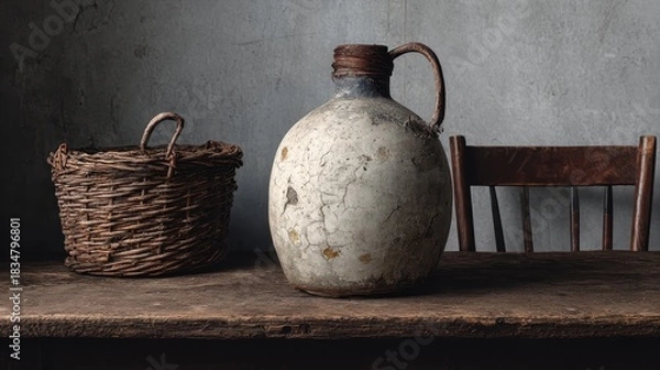 Fototapeta Rustic Still Life Composition featuring Woven Basket and Textured Ceramic Jug on Wooden Table with Chair