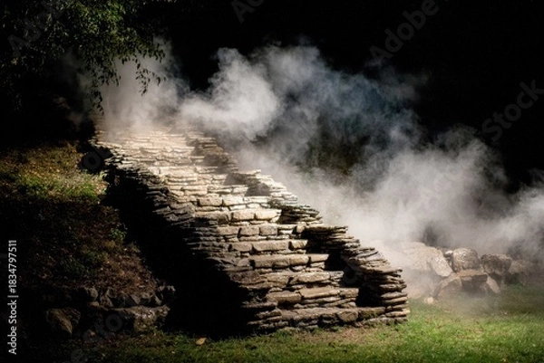 Fototapeta Stone Staircase Leading Through Misty Atmosphere in Natural Setting
