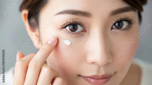 Fototapeta Beautiful asian woman applying face cream for skincare routine with finger touching cosmetic product for moisturizing anti aging wrinkle treatment standing against gray background