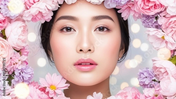 Fototapeta Portrait of beautiful asian woman framed by flowers with soft lighting and bokeh effect for artistic beauty and elegant portrait showcasing delicate features and radiant skin