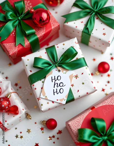 Obraz Gift Wrapping with Satin Ribbon and Baubles