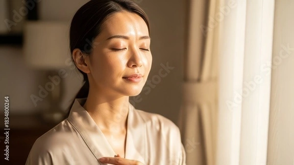 Fototapeta Asian woman closing eyes enjoying bright sunlight for health and wellness in indoor setting as part of everyday self care and healthy lifestyle routine 200 characters