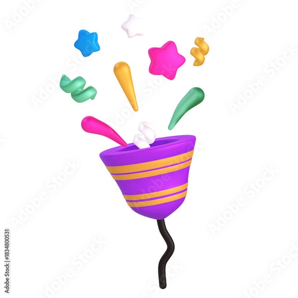 Obraz A 3D stylized purple party popper with orange stripes shooting out stars and colorful streamers.