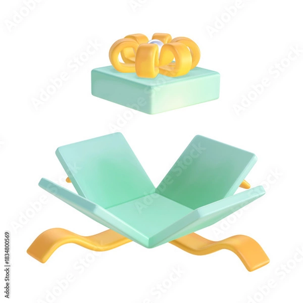 Obraz A 3D stylized open mint green gift box with a gold ribbon and the lid floating above.