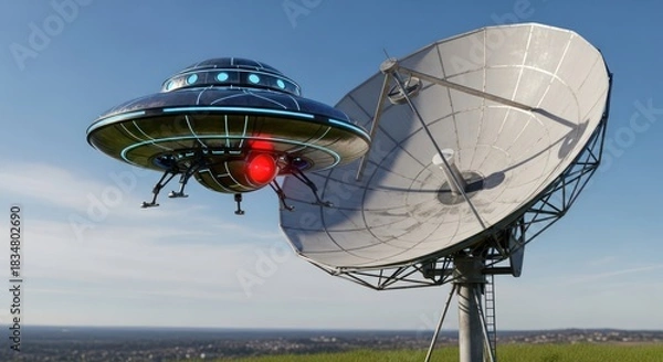 Obraz Unidentified Flying Object hovers near Satellite Dish amidst idyllic green landscape