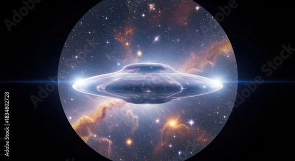 Obraz Unidentified flying object emerging in cosmic expanse within a celestial window
