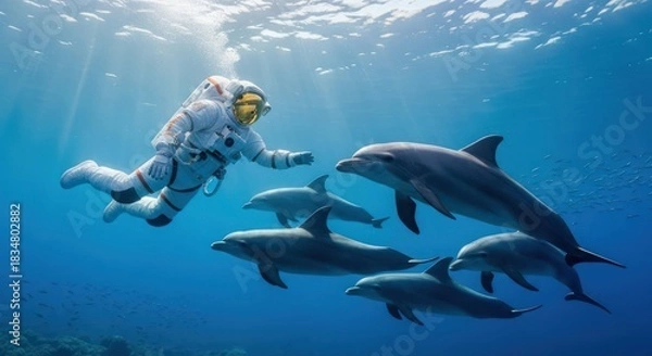 Obraz Surreal underwater encounter astronaut swimming with pod of dolphins in blue ocean exploring