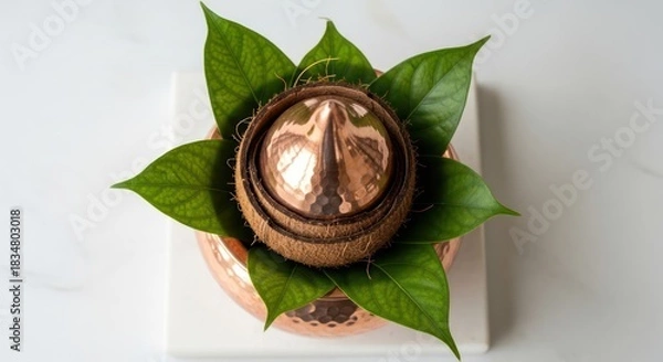 Obraz Artistic display of a polished coconut with green leaves and copper pot, a serene composition of