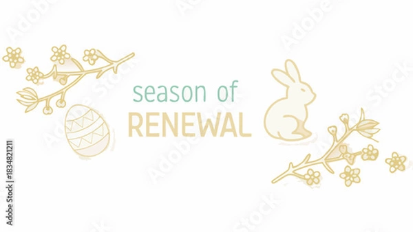 Fototapeta Spring season of renewal with easter egg and bunny illustration and blooming branches on white background