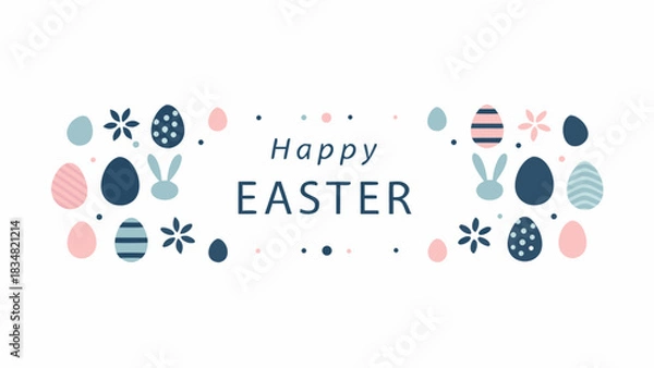 Fototapeta Happy easter greeting card with decorative eggs bunnies and flowers in pastel colors on a white background