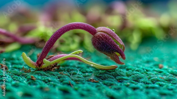Fototapeta Weed breaking through artificial turf with a purple stem