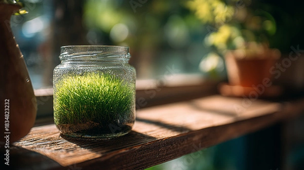 Fototapeta Grass in a glass jar with condensation on a wooden shelf