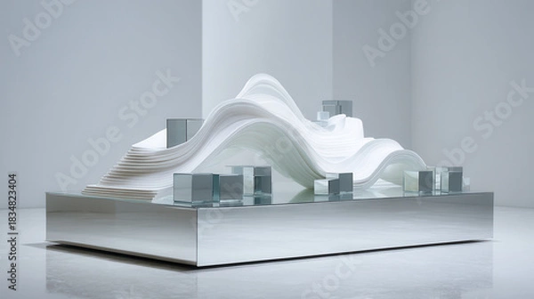 Fototapeta Multi-layered paper wave sculpture on matte acrylic platform with reflective glass cubes, modern design
