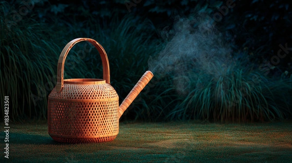 Fototapeta Eco-friendly watering can on moist soil with steam rising