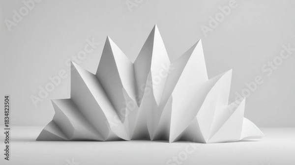 Fototapeta Minimalist paper sculpture with sharp peaks and valleys, geometric design in white