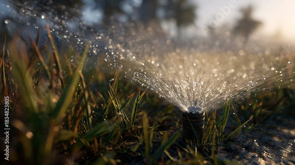 Fototapeta Sprinkler emitting mist over patchy grass in a suburban yard at dawn