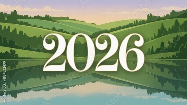 Fototapeta Greeting card 2026 with peaceful landscape view and reflection in water