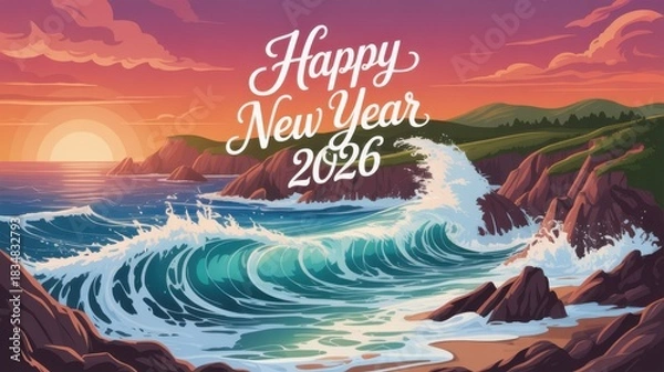 Fototapeta Happy new year 2026 vector image of sunset seascape with cliff rocks and waves
