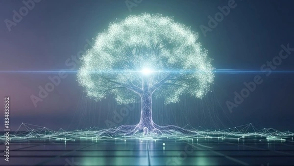 Obraz Glowing digital tree with connected roots and branches, light emanating from center