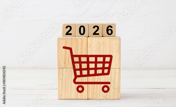 Obraz Red Shopping Cart Icon on Wooden Blocks with 2026 Year Display