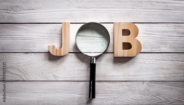 Obraz Magnifying Glass Searching for Job Concept on Wooden Surface with Wooden Letters J and B